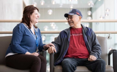 Carolyn Roberts chats with Saila Kapinek at The Ottawa Hospital cancer centre.