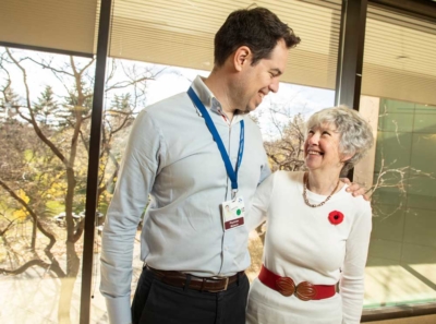 Dr. Guillaume Martel and Phyllis Holmes embrace at The Ottawa Hospital.