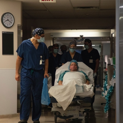 Michele being wheeled into surgery at The Ottawa Hospital to remove her meningioma tumour.