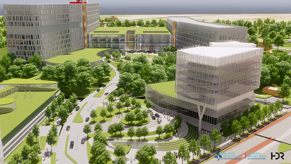 New Civic Development -- View of Main Entrance and Research Tower from Carling