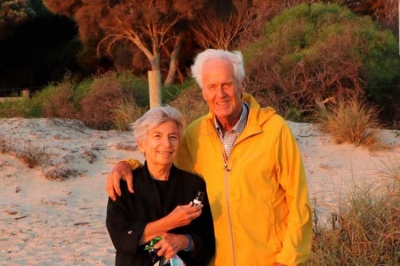 Dee with her husband of 40 years, Michel, on a beach in Freemantle, Australia