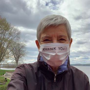 Dee with mask outside Dee with mask outside