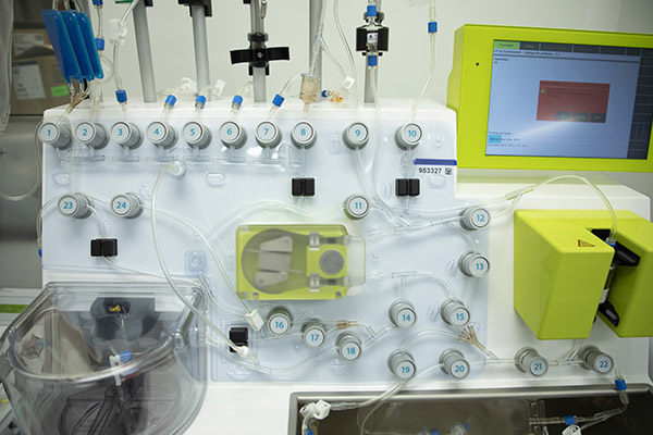 Cells being manufactured in the biotherapeutics manufacturing centre at The Ottawa Hospital, where cells are processed for use in CAR-T therapy.