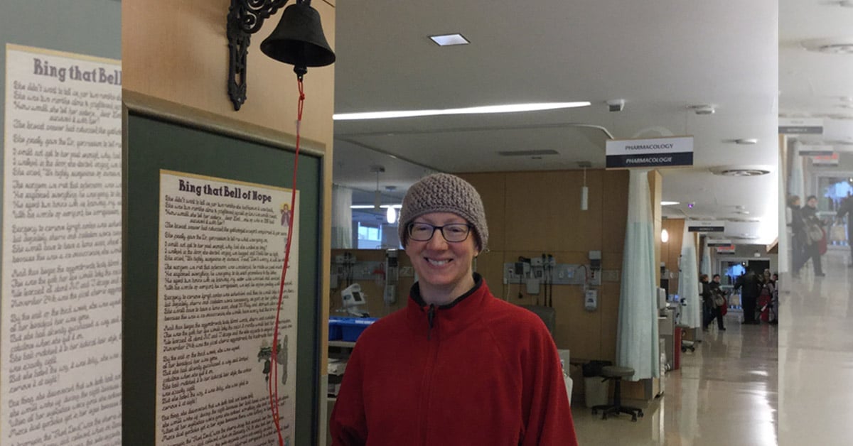 Annette ringing bell — Unexpected breast cancer diagnosis leads patient down an uncertain path